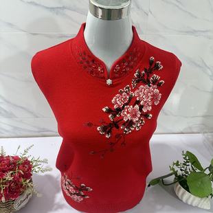 龙年大红色毛衣女秋冬妈妈装2024羊毛衫宽松旗袍领绣花针织打底衫