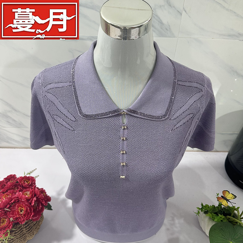 妈妈短袖天丝t恤polo领上衣中老年女装奶奶夏季薄款宽松针织小衫
