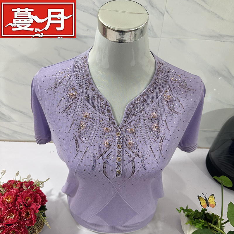 短袖天丝t恤女纯色镶钻上衣中老年奶奶夏天桑蚕丝薄款宽松打底衫