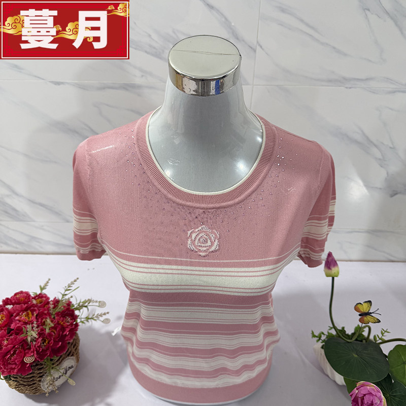 妈妈夏装天丝短袖t恤女士中老年宽松条纹镶钻圆领针织衫薄款上衣