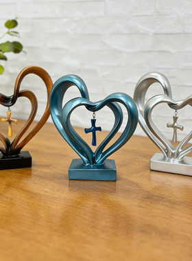 双爱心十字架桌面摆件 简约情人节创意树脂工艺品装饰摆件简约3色
