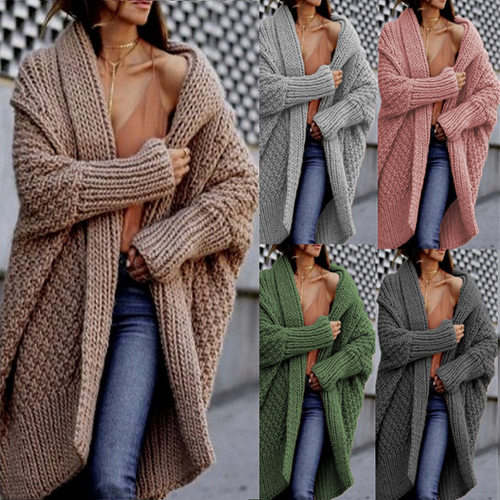Autumn winter women's knitted cardigan, long breasted coat