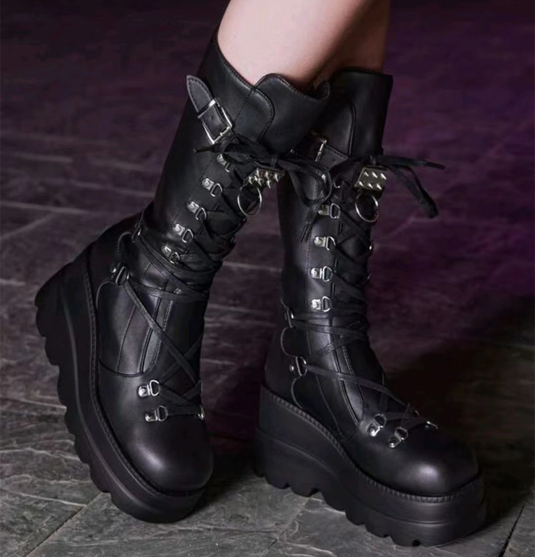 坡跟厚底哥特式女大码骑士靴women knight boots platform shoes-封面