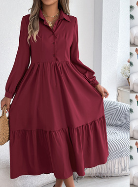 Women's casual loose long sleeved ruffled shirt skirt 连衣裙