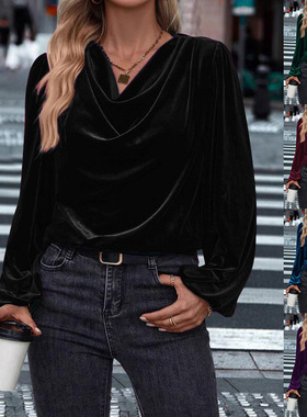 Women's velvet collar women's long sleeved top shirt
