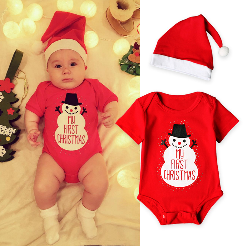 baby Girl Christmas short sleeved snowman jumpsuit+hat set