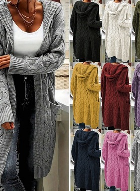 Women's long  Hooded cardigan sweater casual sweater top