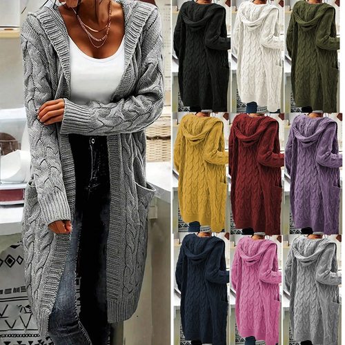 Women's long  Hooded cardigan sweater casual sweater top