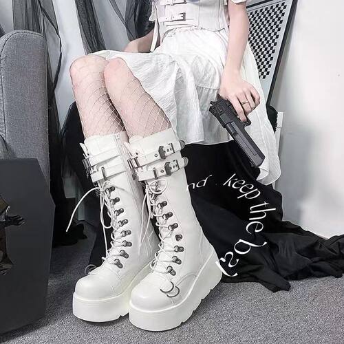暗黑厚底靴中筒靴女朋克辣妹高跟女靴punk women wedge boots 43