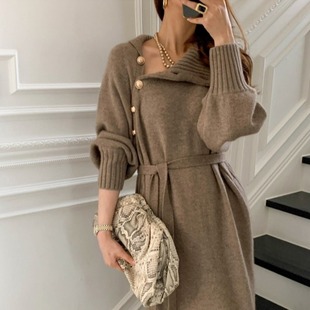 cinched knitted dress women high waist loose neck