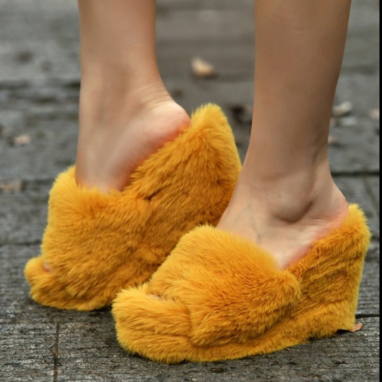 fur ladies sandals women wedges slippers big size 43毛毛拖鞋