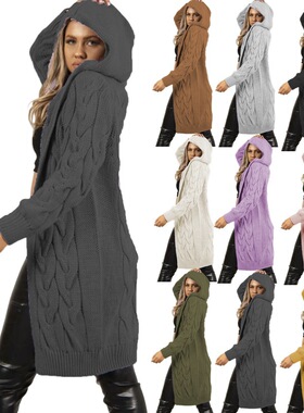 Large size long jacket hooded knitted cardigan for women,