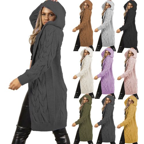 Large size long jacket hooded knitted cardigan for women,