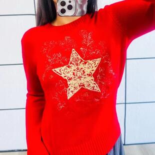 欧货高端五角星金线重工刺绣圆领长袖针织衫2024新款毛衣女时尚