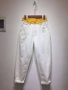 新款牛仔休闲裤白色裤子拼亮黄色裤腰高品质气质百搭款女款
