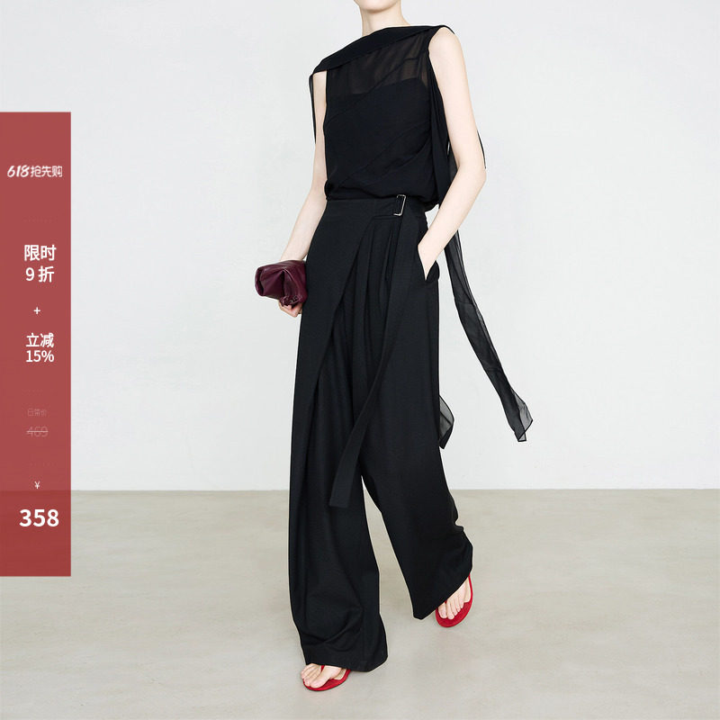夏莫卡黑色阔腿裤女2026新款轻薄垂顺显瘦斜门襟裙帘式飘带裤7976