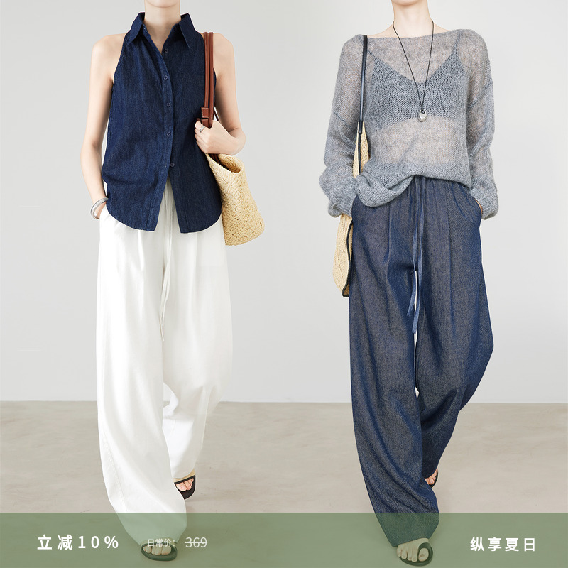夏莫卡牛仔蓝亚麻阔腿裤女夏季新款松紧腰休闲裤直筒白色裤子9670