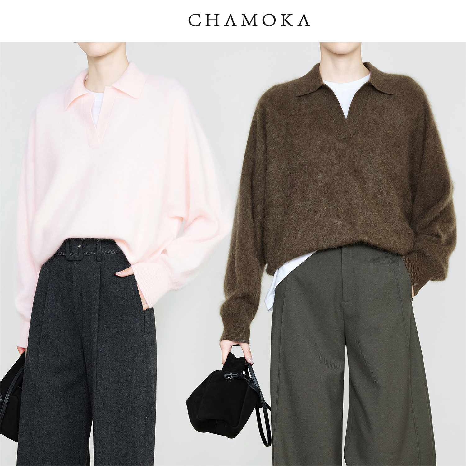 夏莫卡POLO领兔毛绵羊毛拉毛毛衣