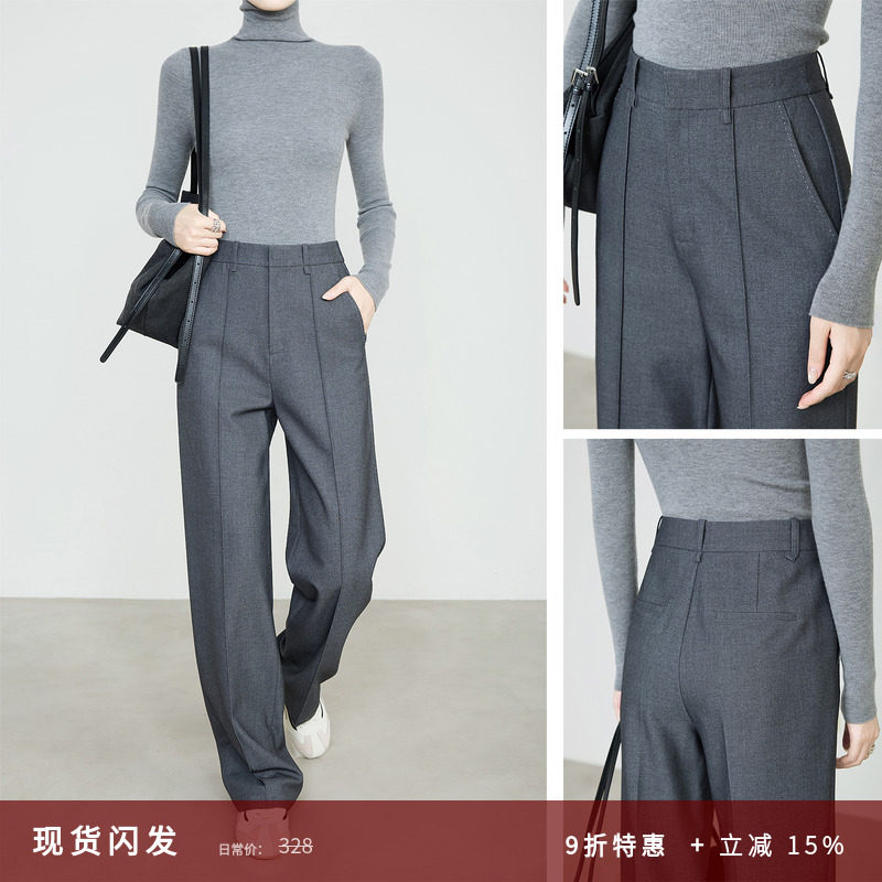 夏莫卡通勤窄版直筒西裤老钱风灰色裤子女秋款天丝羊毛西装裤8312