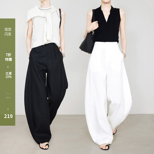 显瘦弯刀香蕉裤 超高腰遮胯镰刀阔腿裤 7879 女夏季 夏莫卡白色亚麻裤