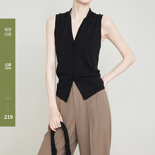 通勤桑蚕丝羊毛针织背心女901 上衣百搭黑色短袖 夏莫卡法式 v领无袖