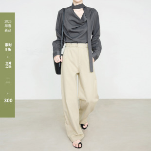 7008 极简通勤风高腰显瘦直筒裤 夏莫卡天丝棉卡其色休闲裤 女春新款