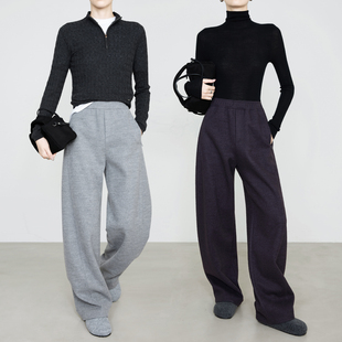 7853 灰色毛呢香蕉弧形裤 夏莫卡高端美丽诺羊毛卫裤 女秋冬加厚神裤