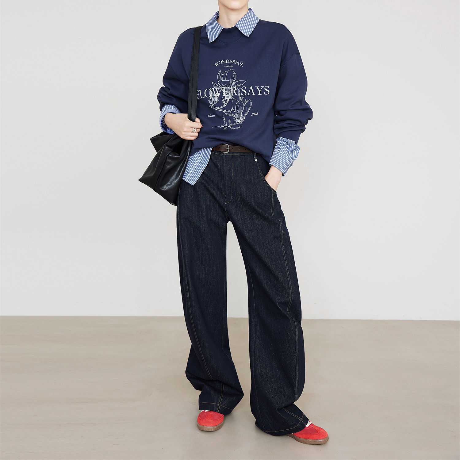 夏莫卡时髦原牛色弧形香蕉牛仔裤