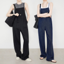 6804 轻薄慵懒松弛舒适亚麻直筒连体裤 夏莫卡黑色背带裤 女2026新款