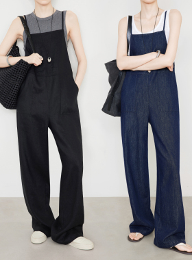 夏莫卡黑色背带裤女2026新款轻薄慵懒松弛舒适亚麻直筒连体裤6804