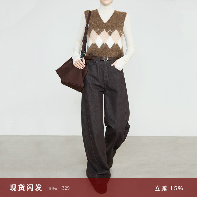 夏莫卡深焙棕色解构风牛仔阔腿裤