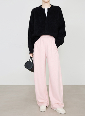 夏莫卡醋酸天丝羊毛阔腿裤粉色裤子女秋冬加厚针织卫裤弯刀裤6871