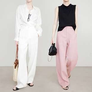粉色裤 女夏休闲裤 子7747 松弛感老钱风棉麻直筒裤 夏莫卡白色亚麻裤