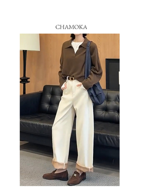 夏莫卡卷边牛仔阔腿裤女秋冬显瘦时髦三层松软夹心牛仔裤N8366