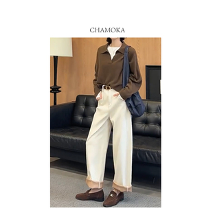 夏莫卡卷边牛仔阔腿裤女秋冬显瘦时髦三层松软夹心牛仔裤N8366