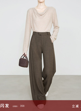 夏莫卡绿咖色阔腿裤女秋冬厚裤子宽松bf慵懒风垂感梭织毛呢裤6864