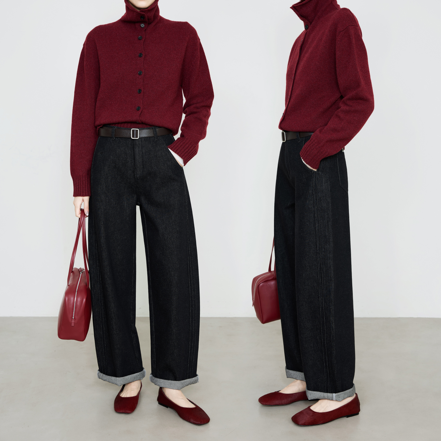 厚款黑色宽松奶奶裤弧形牛仔裤