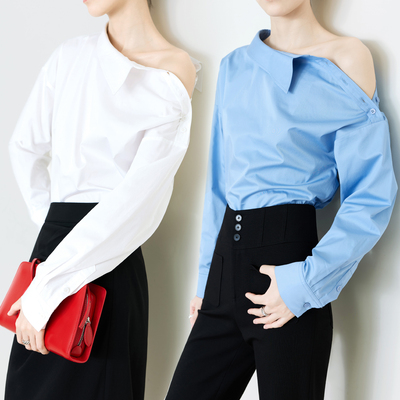 夏莫卡时髦精必入设计感斜肩衬衫