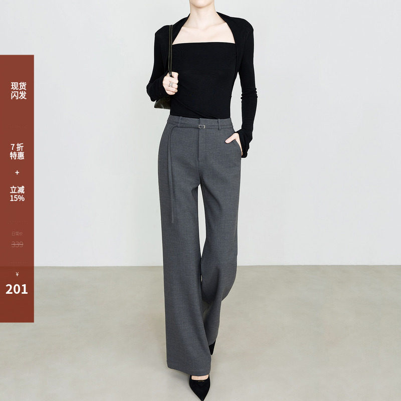 夏莫卡羊毛灰色直筒喇叭裤女2026新款秋显瘦垂感微喇西装裤7086