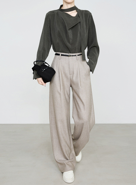 夏莫卡燕麦色显瘦弧形直筒裤女秋冬厚柔软垂感天丝羊毛西装裤9735