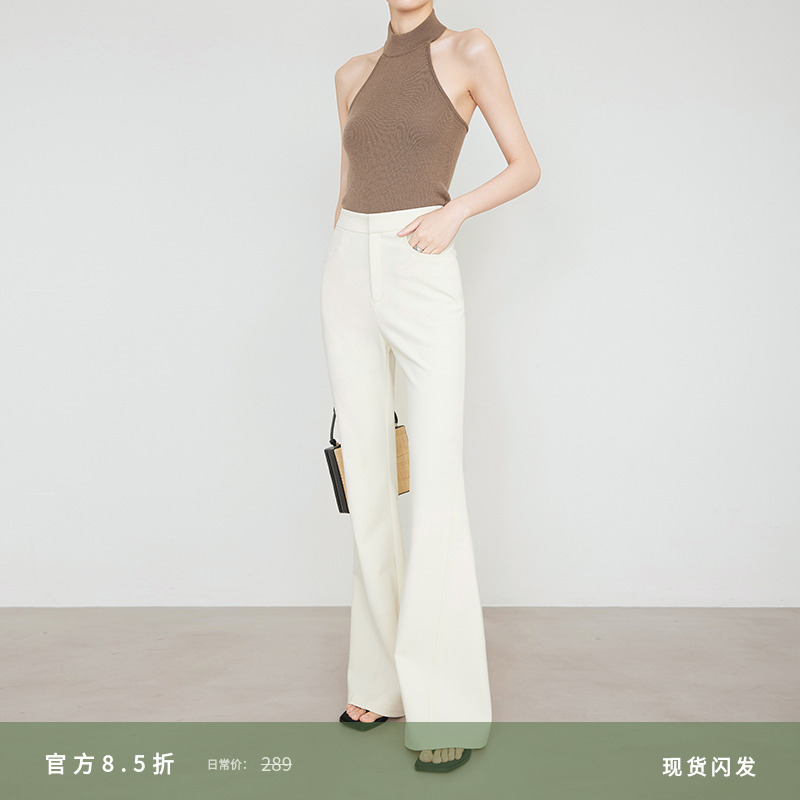 夏莫卡高腰显腿长防透米色喇叭裤