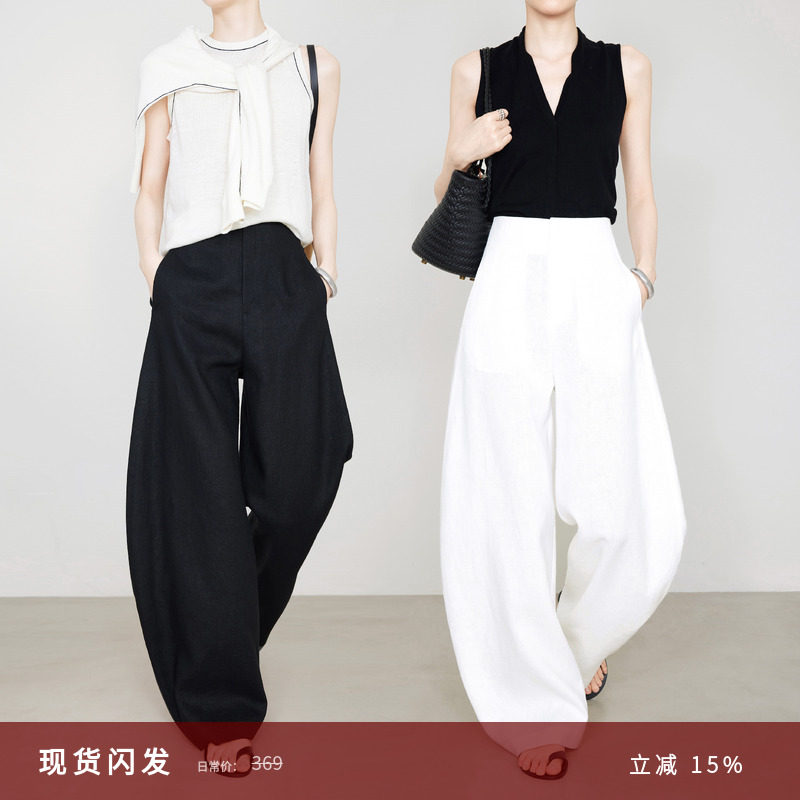 夏莫卡白色亚麻镰刀亚麻裤