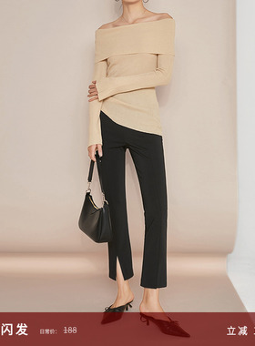 夏莫卡前开叉裤子小个子九分小黑裤直筒弹力显瘦黑色西装裤女838