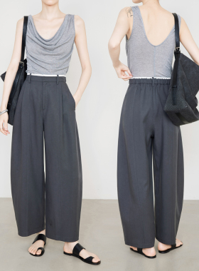 夏莫卡垂感天丝亚麻裤灰色九分弯刀裤女轻薄松紧腰报恩梨形裤6824