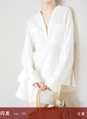 夏莫卡白色衬衫女100%亚麻衬衫短裤套装夏宽松慵懒松紧腰短裤7874