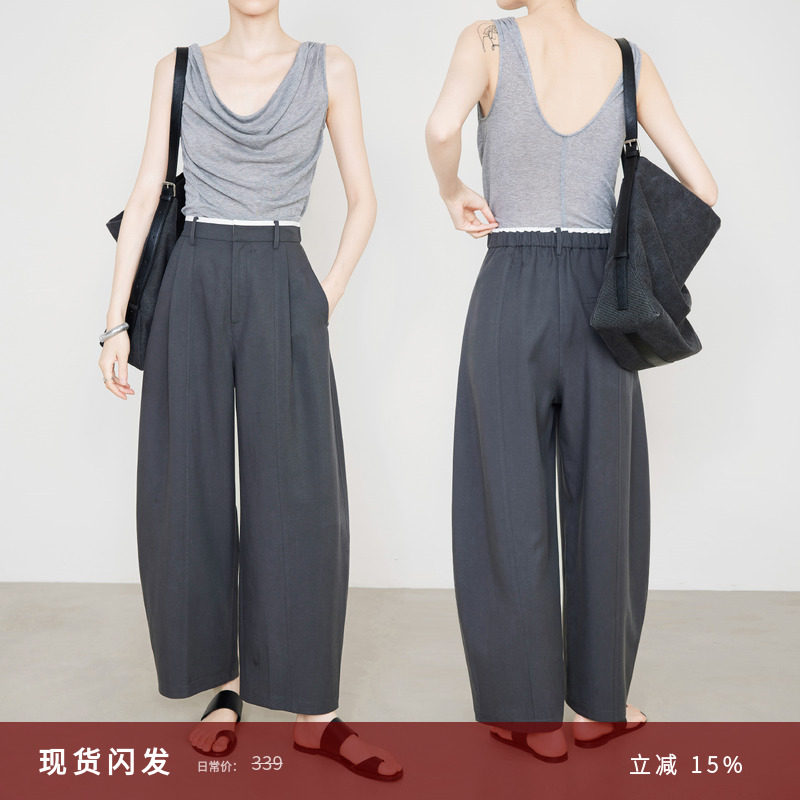 夏莫卡灰白撞色腰天丝亚麻九分裤