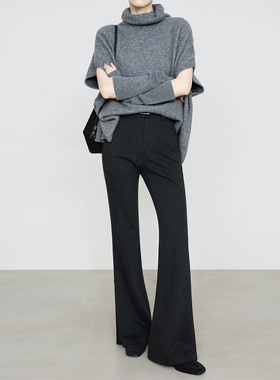 夏莫卡深灰色喇叭裤女秋冬桑蚕丝山羊绒毛呢裤隐拉调节微喇裤8391