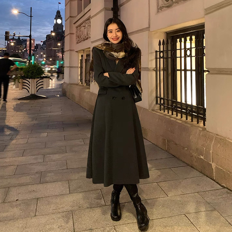 胖妹妹赫本风毛呢外套女中长款