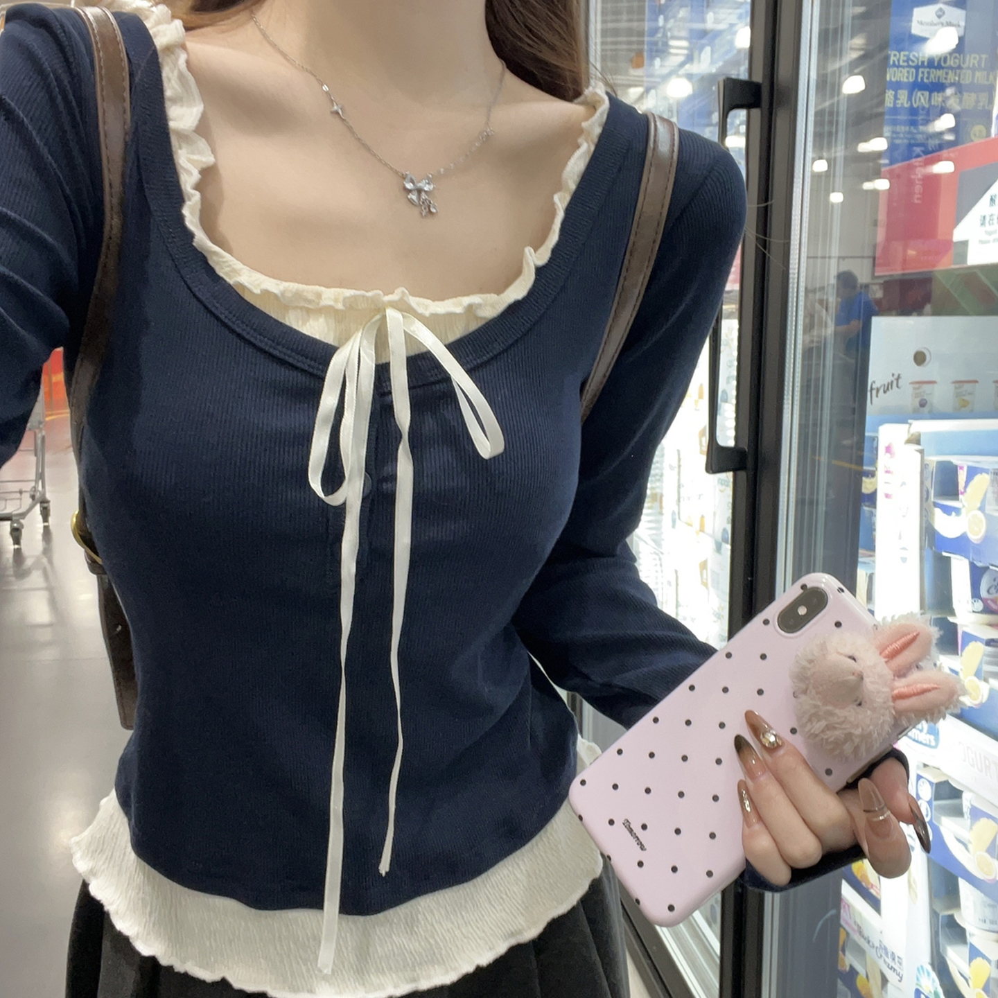 假两件方领长袖t恤女秋短款上衣