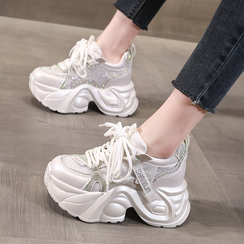 内增高老爹鞋女2025春夏新款小个子厚底松糕爆款透气网面小白鞋女